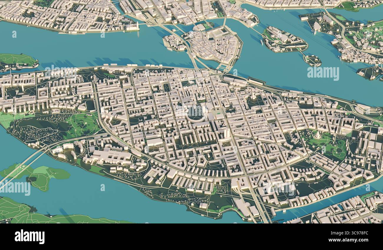Mappa 3D del paesaggio urbano di Stoccolma. Illustrazione in 3D di una vista aerea di Stoccolma, Svezia. Foto Stock