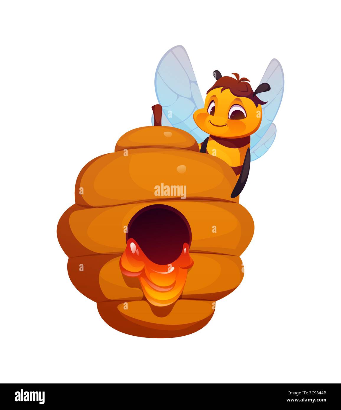 Il personaggio delle api cartoni animati si libra accanto a un alveare pieno di miele. Vettoriale isolato simpatico e divertente insetti personaggio allegro per libri per bambini, confezioni per la produzione di apiari o apicoltura Illustrazione Vettoriale