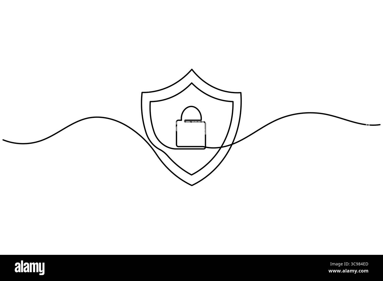 Disegno continuo di una linea dello scudo di sicurezza con un lucchetto. Simbolo di protezione, privacy e sicurezza informatica Illustrazione Vettoriale