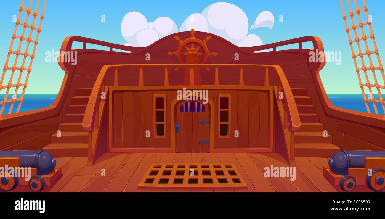 Ponte di poppa della nave pirata con volante, protezioni e cannoni. Sfondo del gioco vettoriale dei cartoni animati di vele a corsaro all'interno del bordo con scale di corda, ringhiere in legno e una vista sull'oceano sotto un cielo nuvoloso Illustrazione Vettoriale