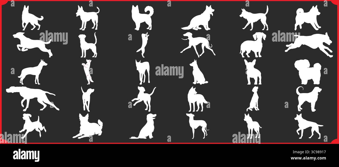 Collezione di silhouette bianche per cani in varie pose su sfondo nero con motivo a griglia Illustrazione Vettoriale