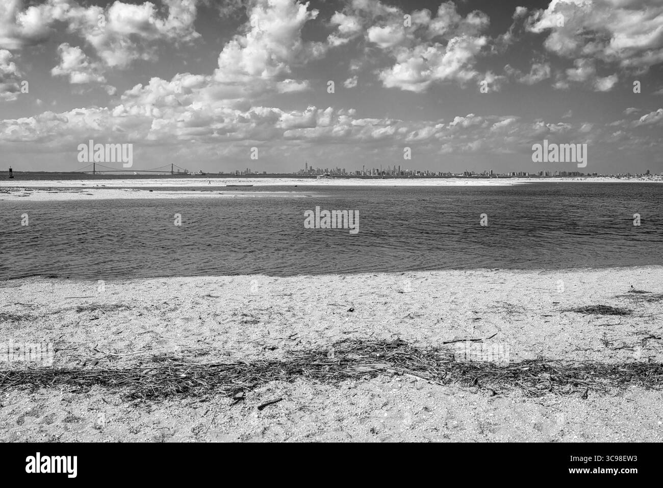 Una vista in bianco e nero dello skyline di Manhattan da una spiaggia remota a Sandy Hook, New Jersey, con il Verrazzano-Narrows Bridge visibile. Foto Stock