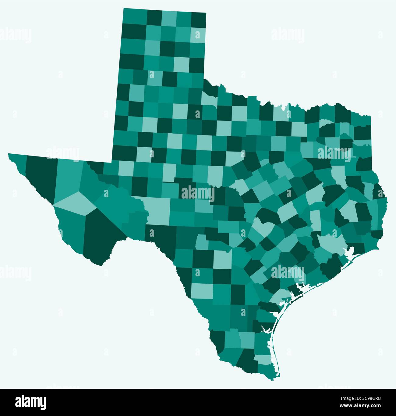 Mappa del Texas con le contee. Solo una semplice mappa del confine di stato con la divisione della contea. Tavolozza dei colori ottanio. Illustrazione Vettoriale