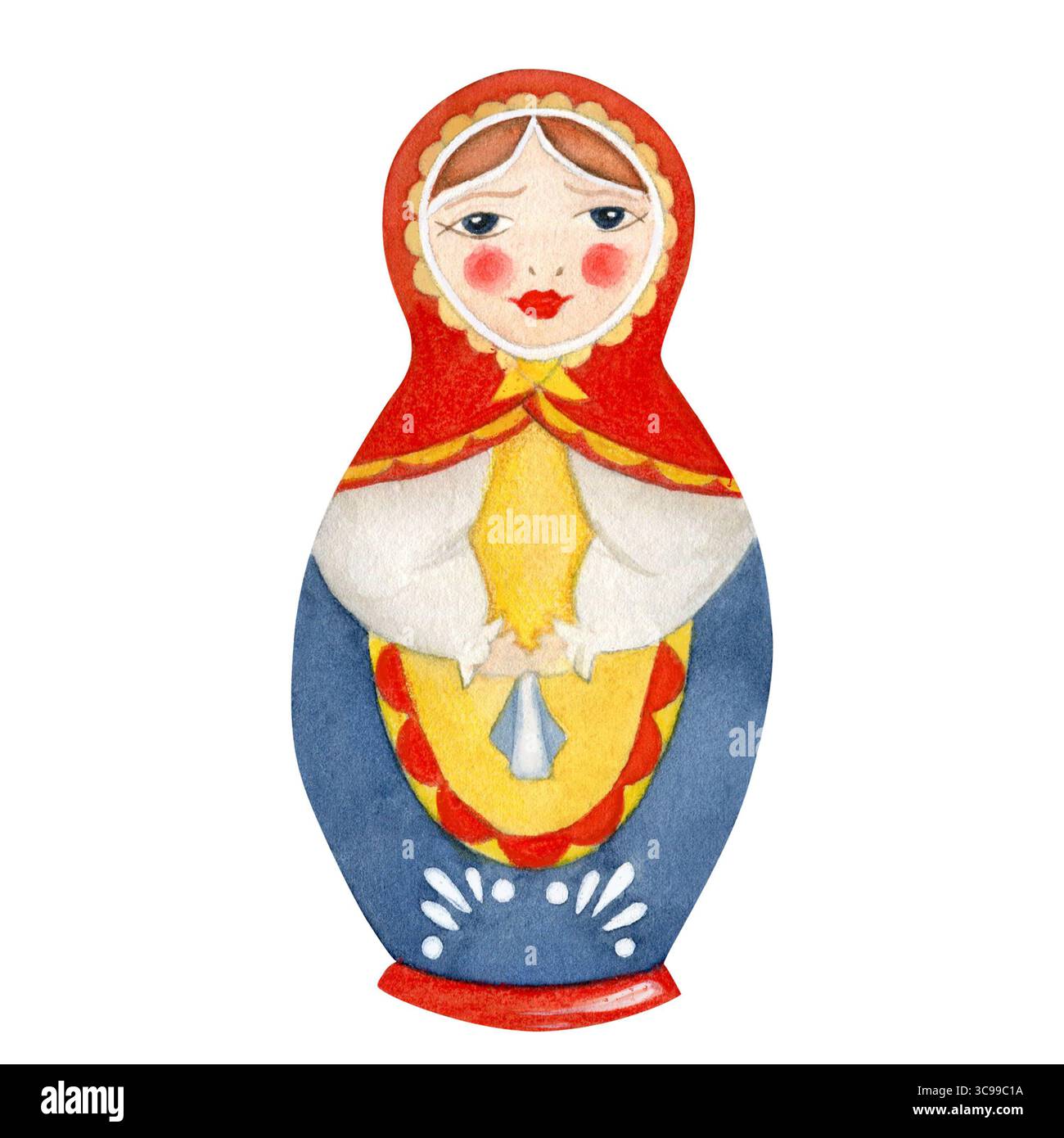 L'illustrazione ad acquerello di una bambola matrioska in un velo rosso, grembiule giallo e gonna blu incarna lo spirito della cultura russa. Isolato su TRANS Foto Stock