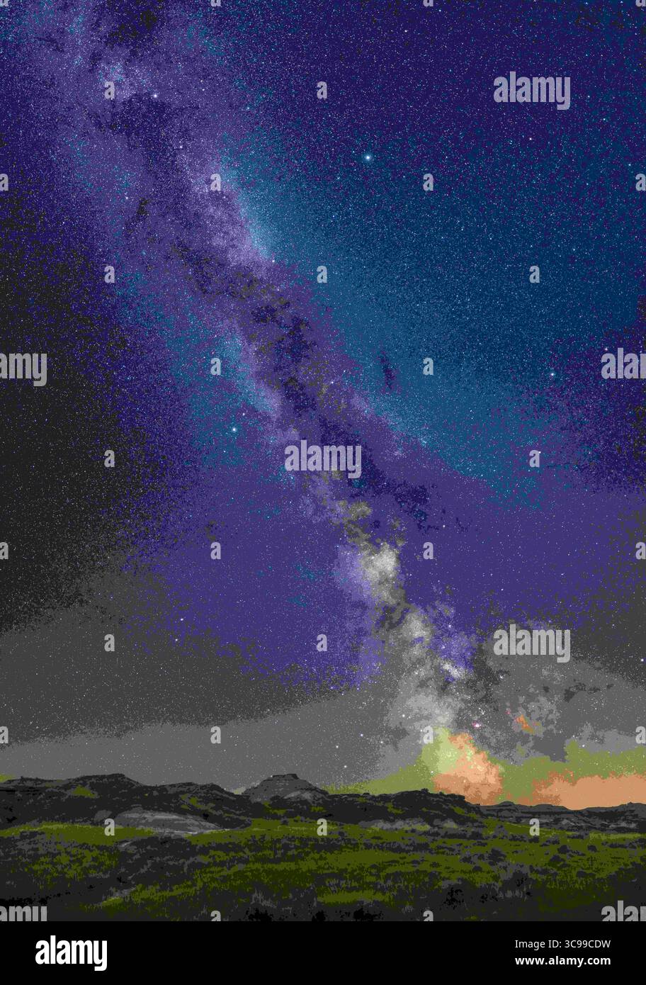 17 agosto 2022, Alberta, Canada: Questo cattura la corsa verticale della via Lattea estiva sul paesaggio in primo piano del Dinosaur Provincial Park, Alberta. L'immagine serve come una buona illustrazione della ricchezza di oggetti, corsie di polvere scura e campi stellari luminosi lungo la via Lattea, dal Sagittario in basso a sud in basso, a Cygnus in alto. Tra Aquila e Scutum, con parte di Ofiuco a destra. Questo era dalla latitudine 50,5Â Nord, dove il Sagittario e il centro galattico sono bassi nel cielo. Le stelle del Triangolo estivo di Deneb, Vega e Altair sono in cima. Questo è un piano verticale Foto Stock