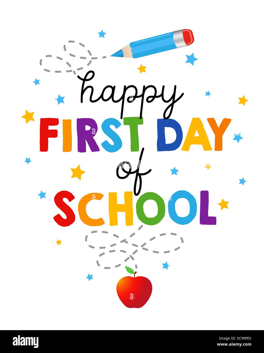 Buon primo giorno di scuola, disegno distintivo di ritorno a scuola. Concetto di scrittura del primo giorno di scuola per lo stand fotografico. Illustrazione vettoriale Illustrazione Vettoriale