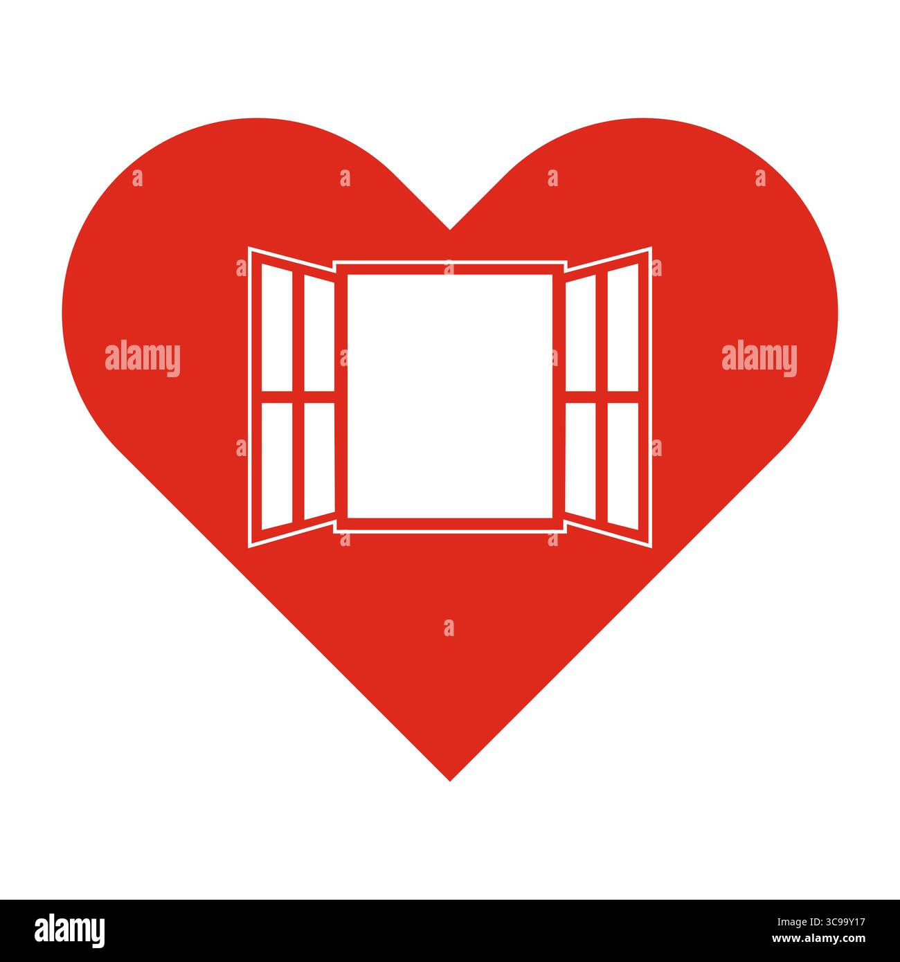 Cuore con finestra aperta. Simbolo di speranza e connessione. Illustrazione vettoriale. Un grande cuore rosso con una finestra aperta stilizzata al centro. Illustrazione Vettoriale