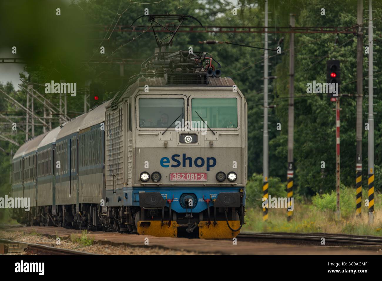 Giornata torbida e ventosa nella stazione della Boemia meridionale con treni e piattaforme a Cejetice CZ 07 29 2025 Foto Stock
