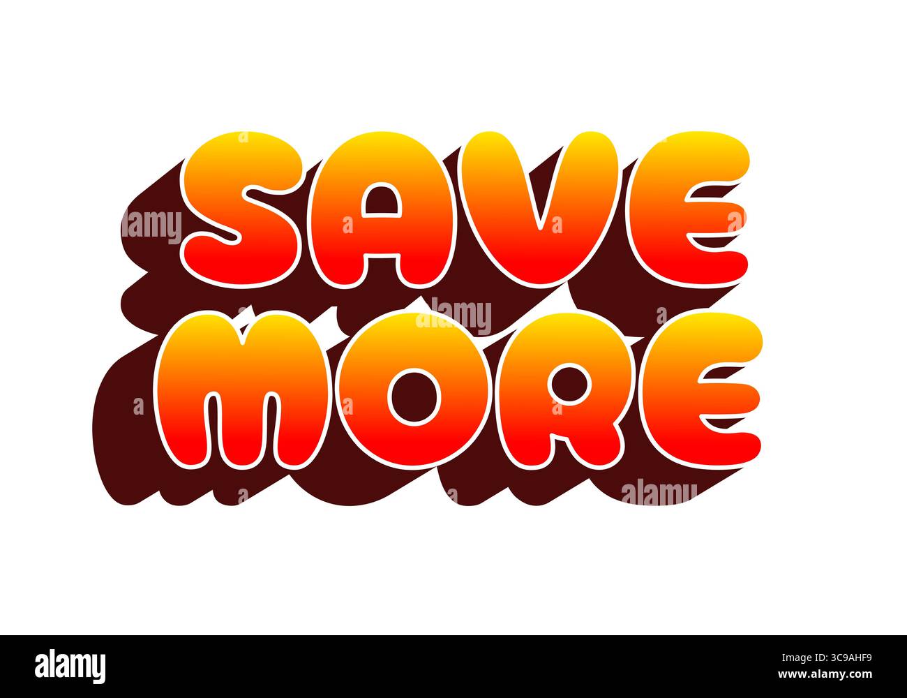 Testo audace e colorato che dice DI RISPARMIARE DI PIÙ con una sfumatura arancione e gialla, con un effetto ombra per la profondità. Illustrazione Vettoriale