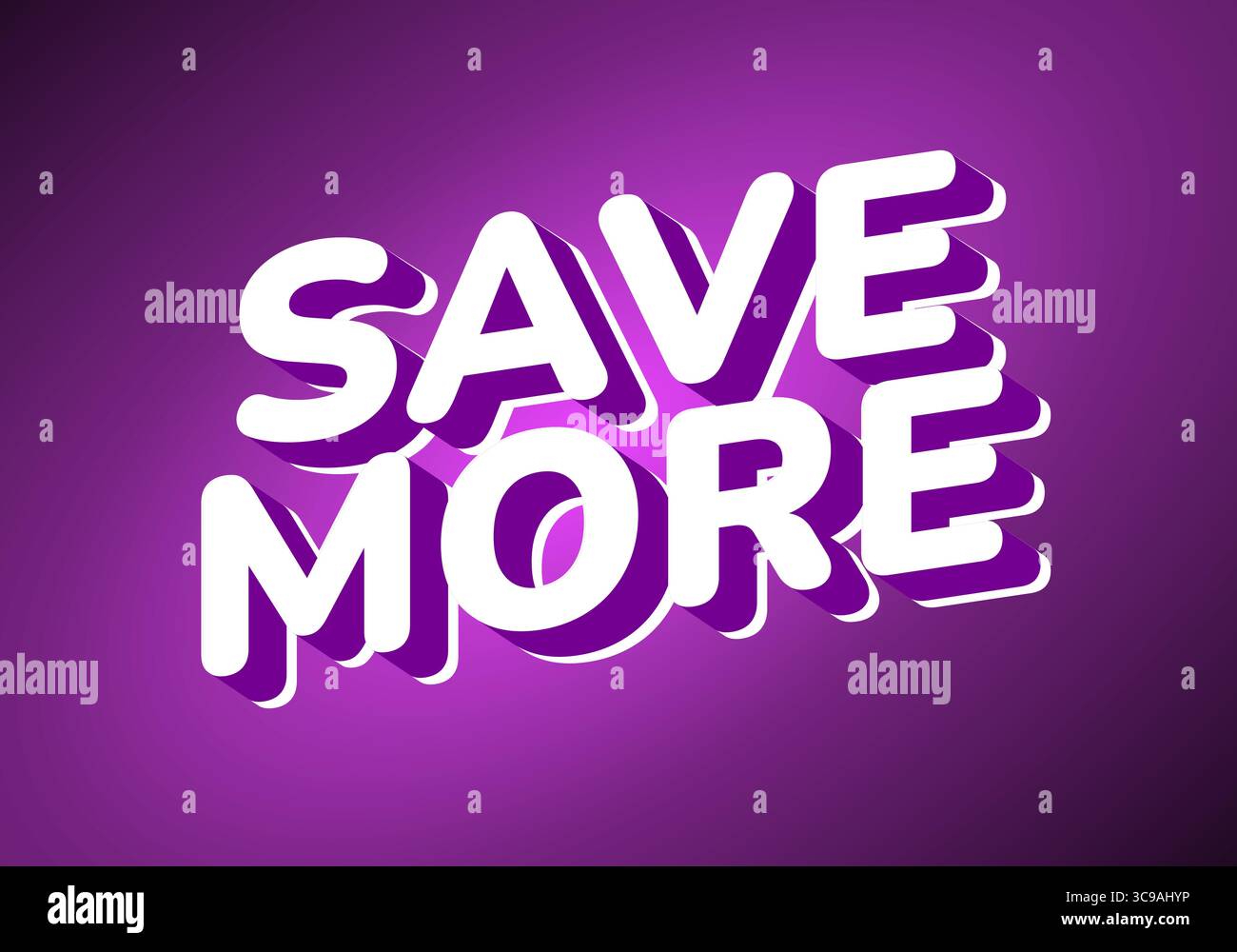 Un design grafico vibrante con le parole RISPARMIANO DI PIÙ in un'audace tipografia tridimensionale. Il testo è bianco con un effetto di ombra viola, impostarlo nuovamente Illustrazione Vettoriale