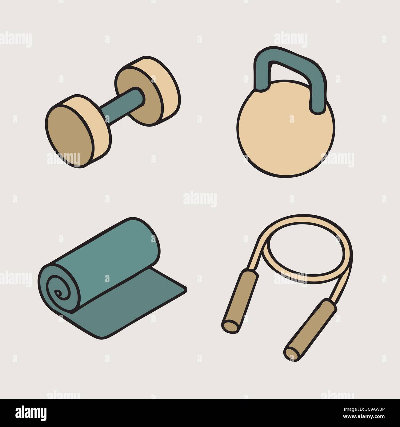 Icone colorate di un manubrio, un kettlebell, un tappetino da yoga arrotolato e una fune da salto disposte in una piazza. Illustrazione Vettoriale