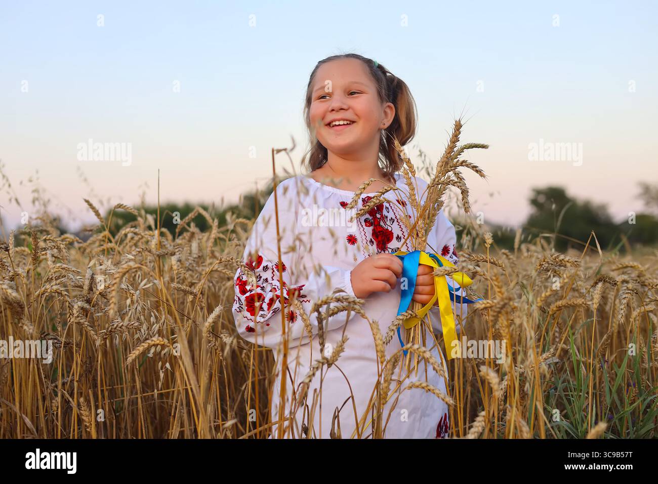 Felice ragazza Ucraina in vyshyvanka tiene un panello d'oro di grano, con nastri gialli e blu. simboleggiando il ricco raccolto di grano della nazione. Independe Foto Stock