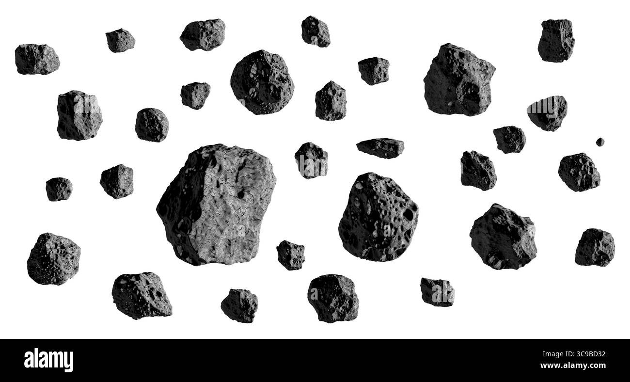 Asteroidi o pietre o meteoriti isolati su bianco. Nastro asteroide o sciame di asteroidi o detriti spaziali. Pietre, rocce, massi che fluttuano nell'aria. Foto Stock