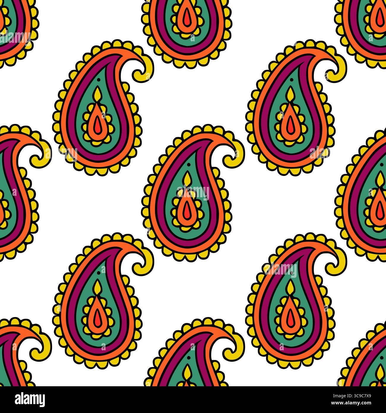 Motivo vettoriale senza cuciture con vivaci motivi paisley in arancione, viola, tè e giallo, con dettagli intricati e uno stile divertente e disegnato a mano, Illustrazione Vettoriale