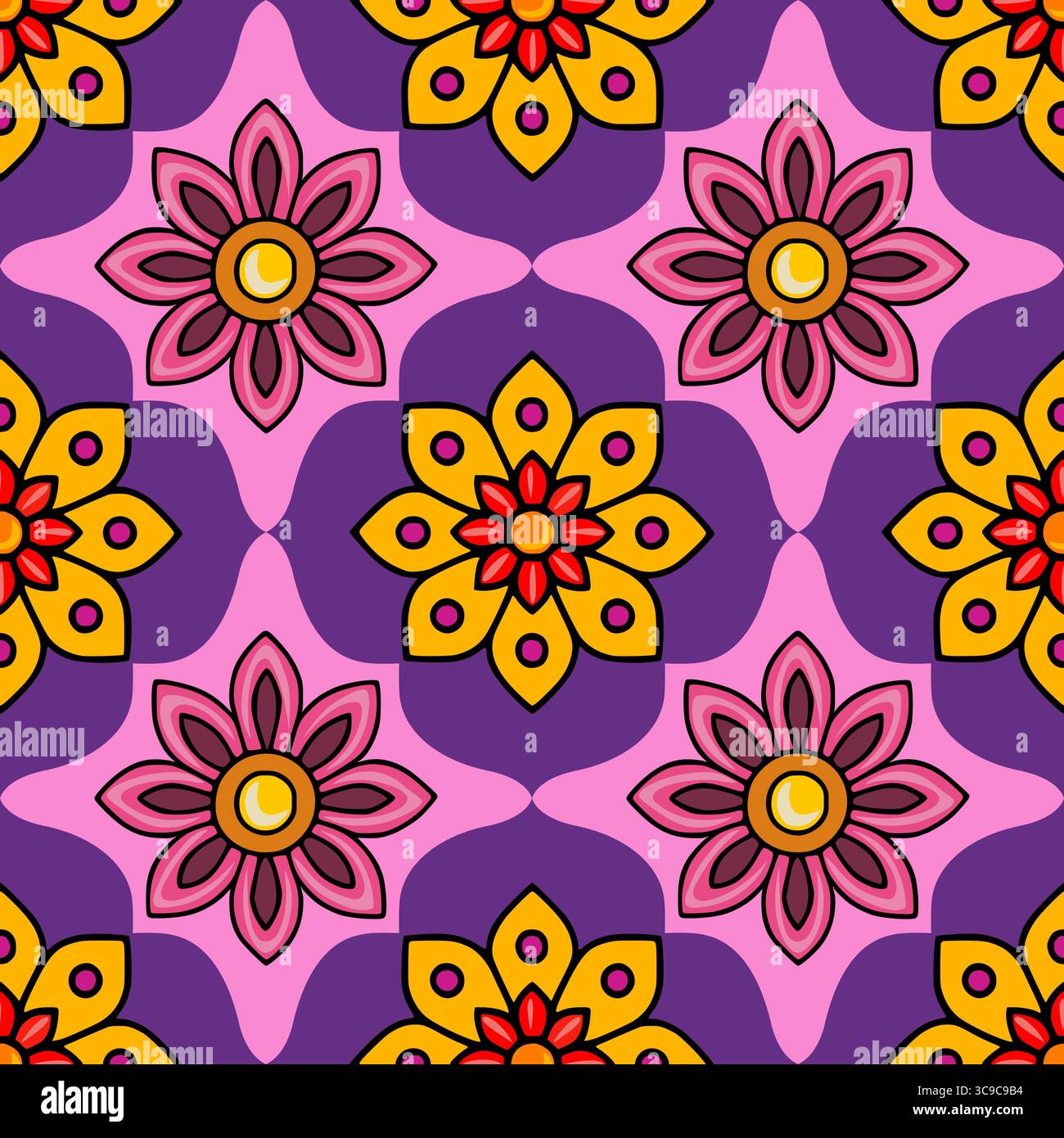 Vivace motivo Vector senza cuciture con motivi Mandala floreali intrecciati in tonalità rosa, viola e giallo, ideale per sfondi e tessuti festivi. Illustrazione Vettoriale