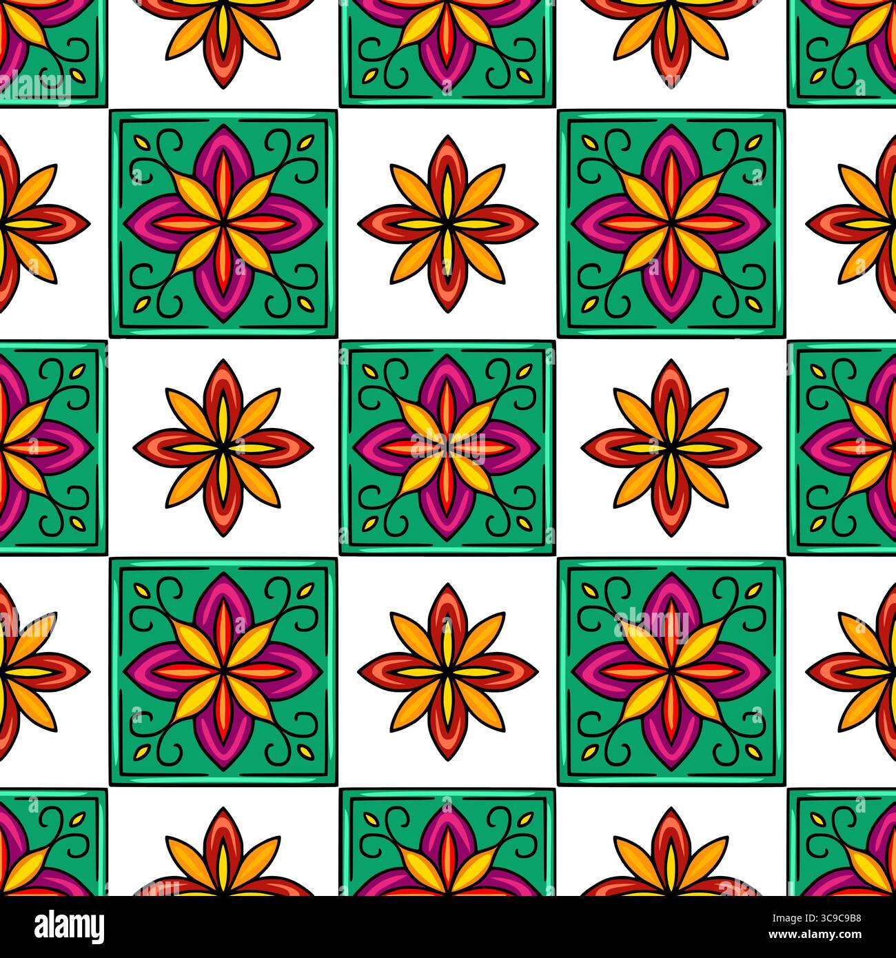 Motivo vettoriale senza cuciture con vivaci motivi floreali a scacchi color ottanio, arancio, giallo e viola, che creano un allegro e vivace Illustrazione Vettoriale