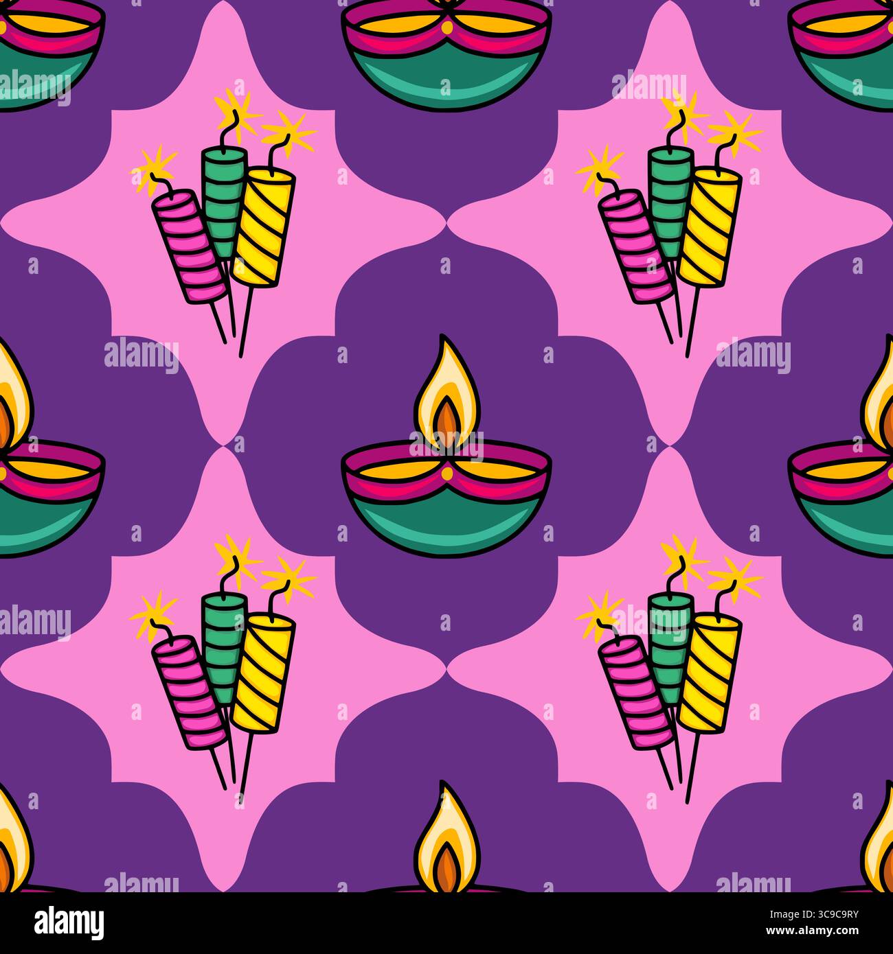 Motivo Diwali Vector senza cuciture festivo sfondo rosa e viola vibrante con motivi ripetuti di diya illuminati e colorati Firecracker. Illustrazione Vettoriale