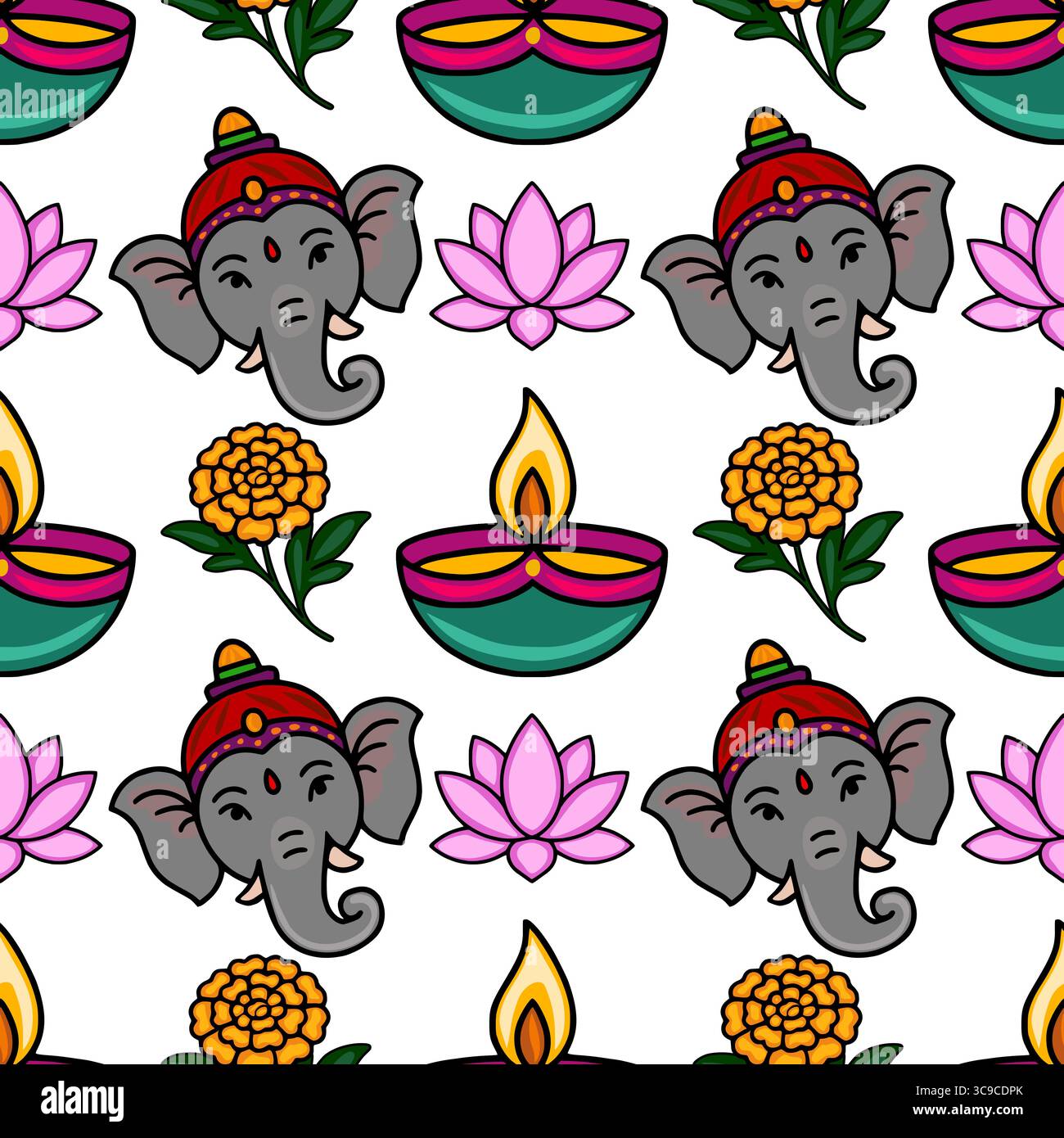 Motivo vettoriale senza cuciture con affascinanti teste di Ganesha, vibranti fiori di calendula, lotuses rosa e tradizionali lampade di diya indiane Illustrazione Vettoriale