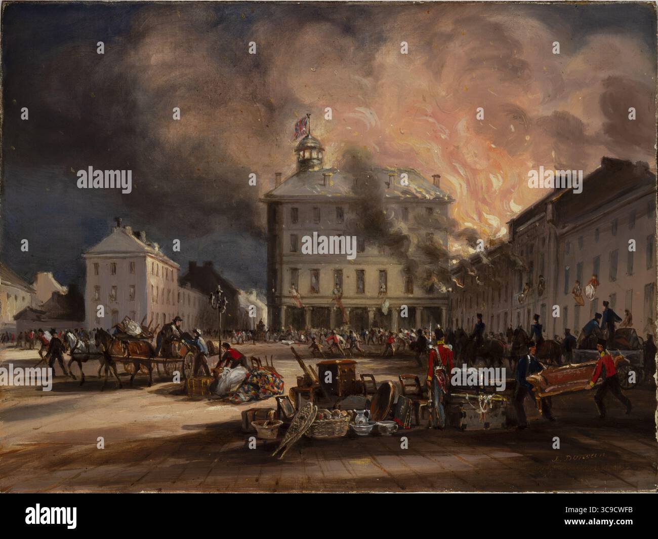 Hayes House Fire, Dalhousie Square, Montreal. Archive canadian Illustration painting, 19th Century di James Duncan 1852 Foto Stock