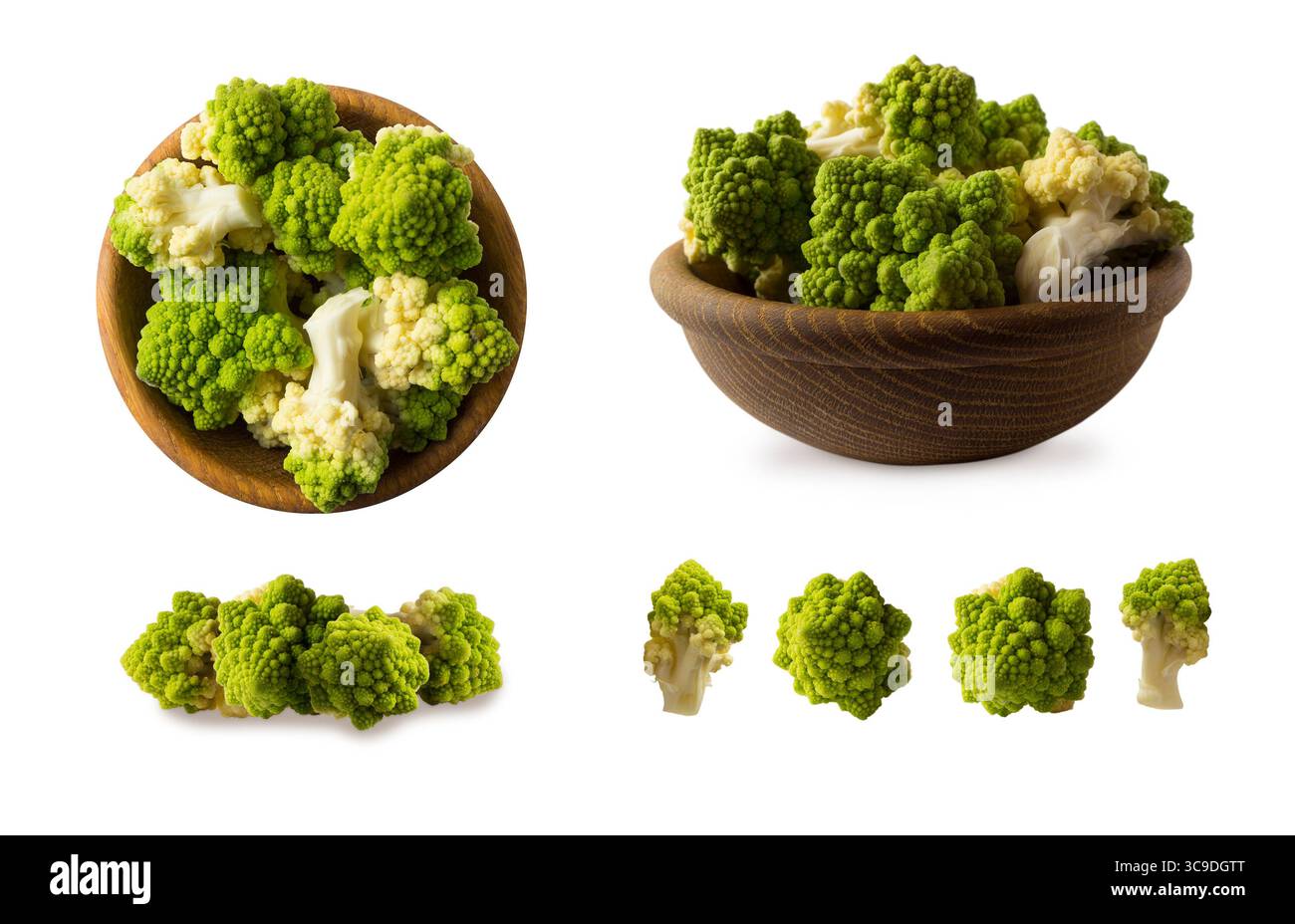 Set di cavolfiore romano. Cavolfiore romano su ciotola di legno isolato su bianco. Da vicino il cavolfiore romano. Struttura frattale di romanesco broccoli. Romana Foto Stock
