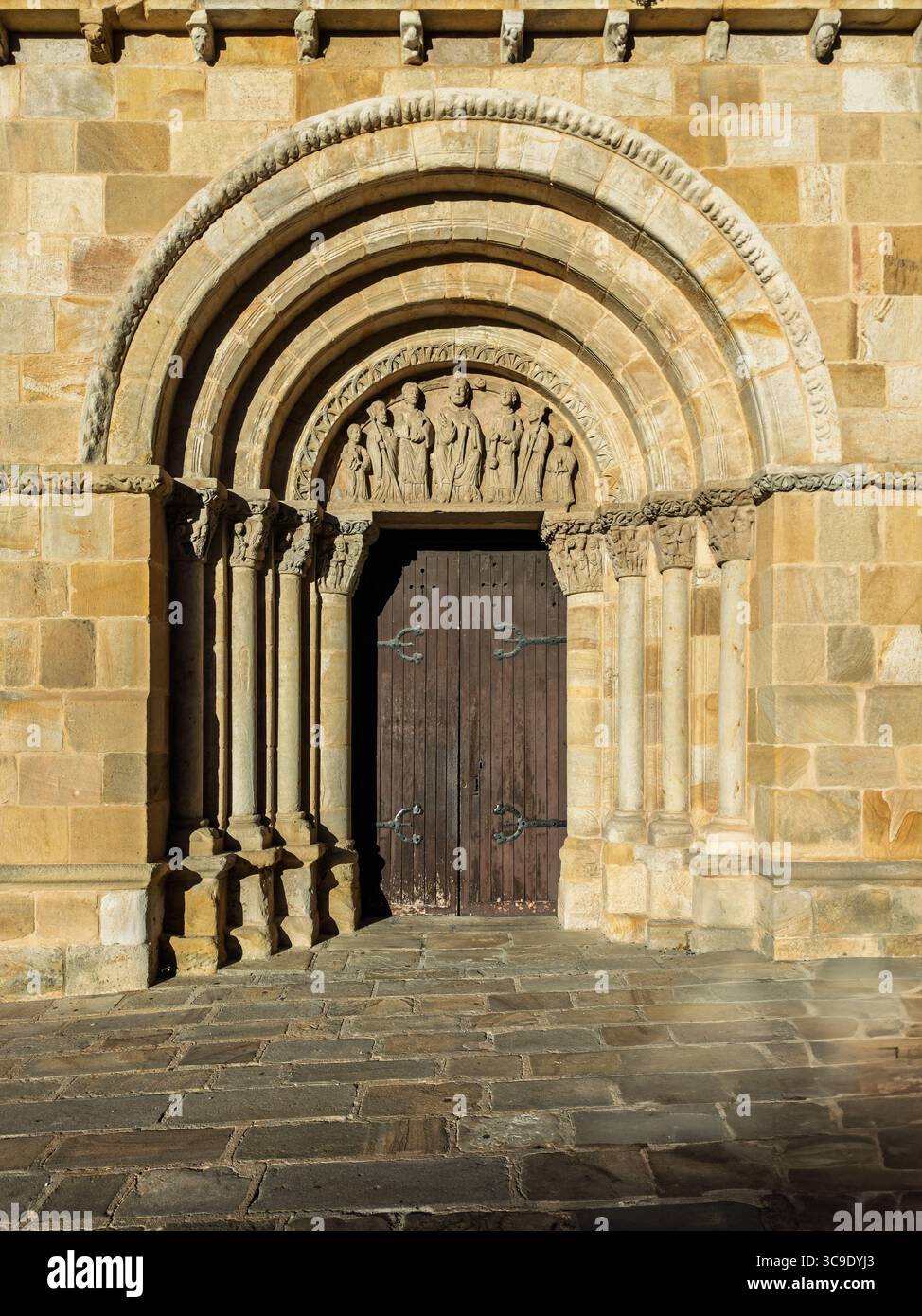 Il portale romanico presenta dettagliati archivi e un timpano di San Nicola, che presenta una squisita architettura. Foto Stock