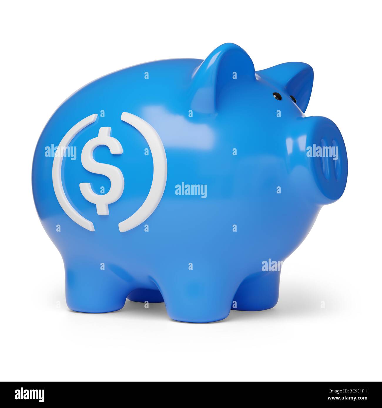 Salvadanaio con segno USDC isolato su sfondo bianco. illustrazione 3d. Foto Stock