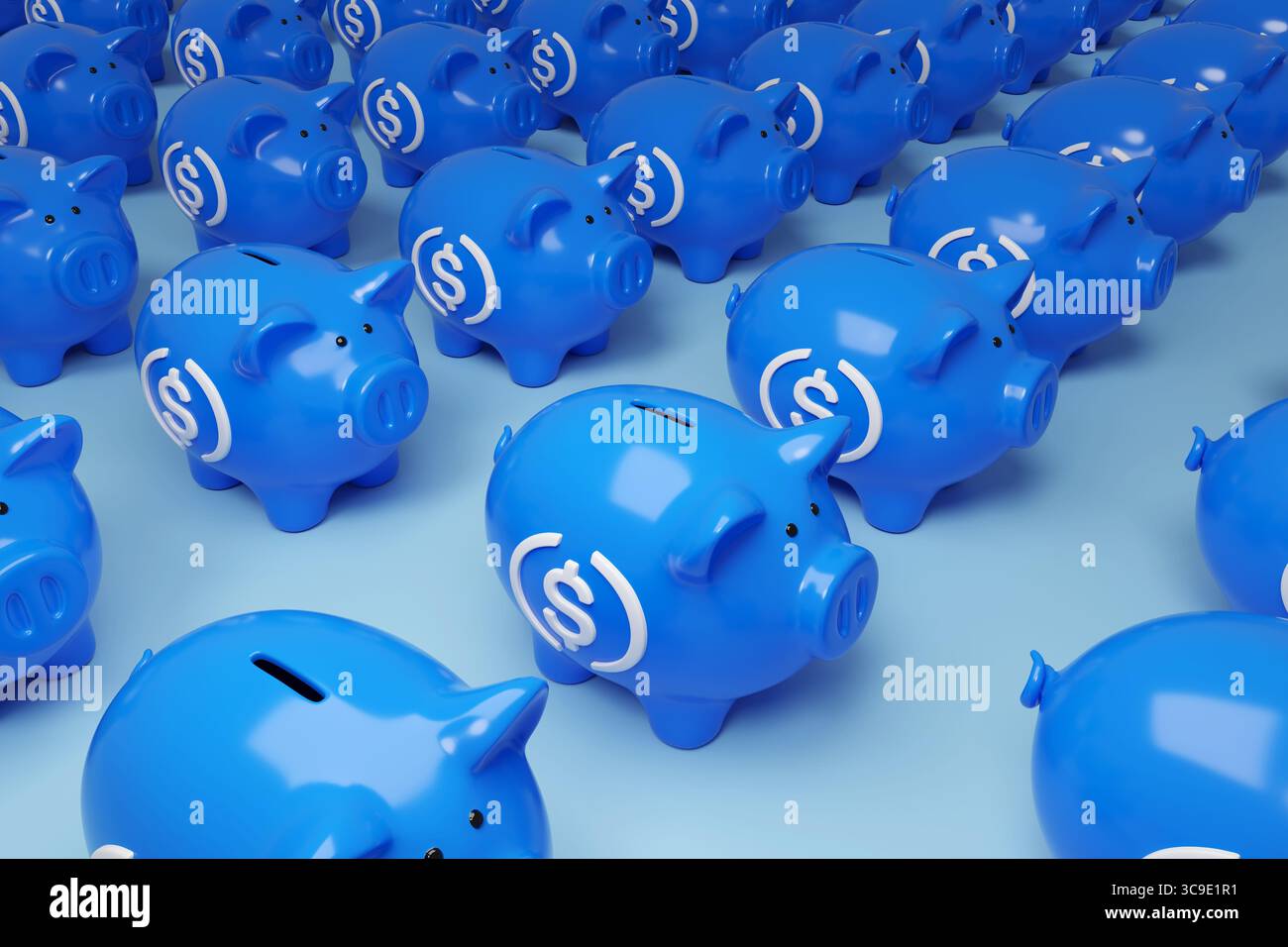 Set di molti salvadanaio con il cartello USDC. illustrazione 3d. Foto Stock