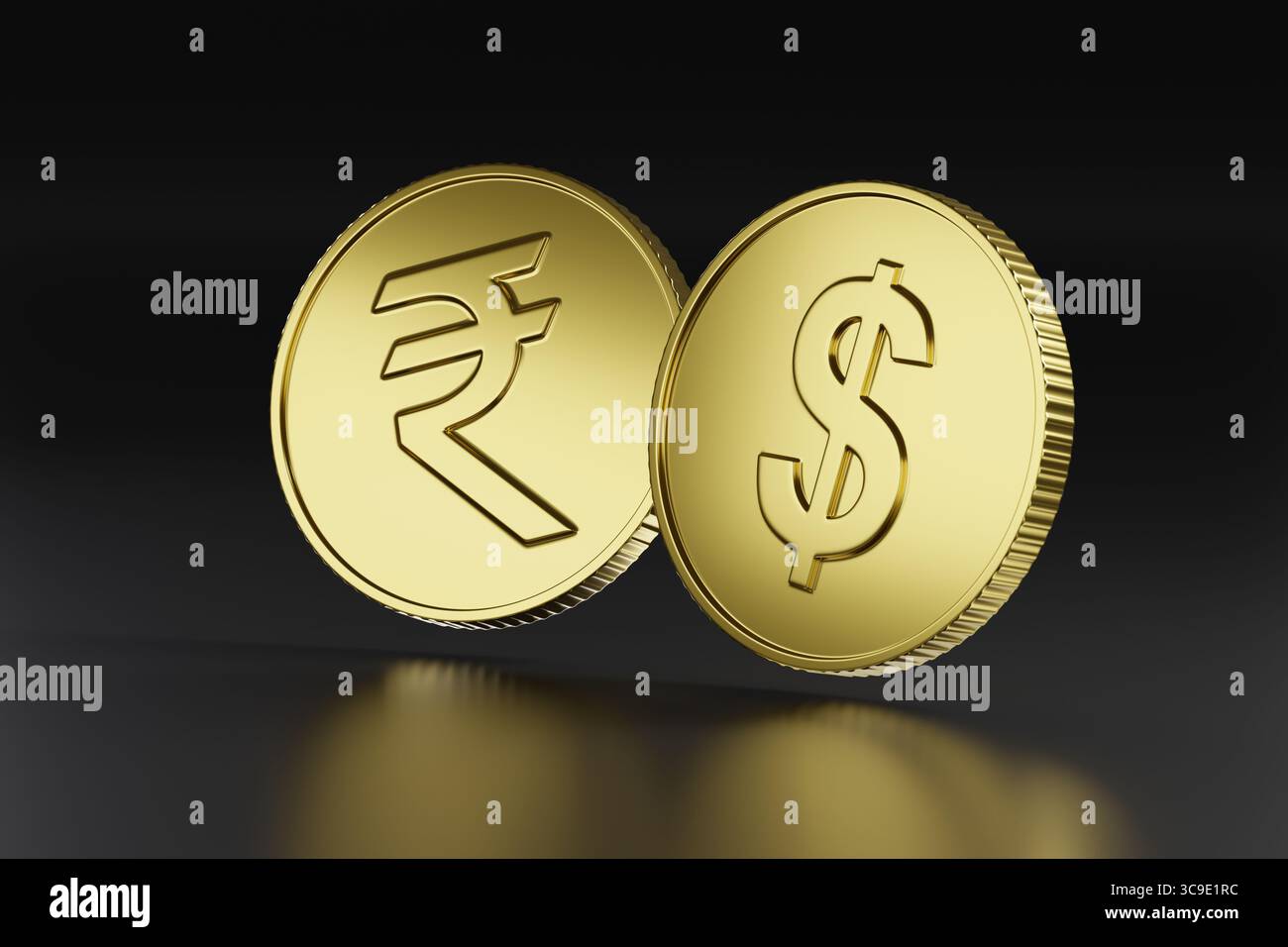 Monete d'oro con simbolo di dollaro e rupia su sfondo scuro. illustrazione 3d. Foto Stock