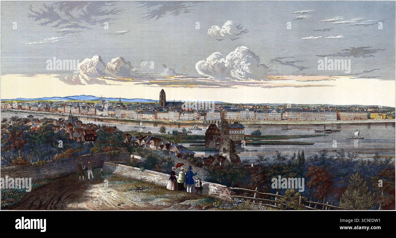 Storica incisione in acciaio intitolata Frankfurt A/M., creata dall'artista H. Worms intorno al 1845. La vista panoramica da Sachsenhäuser Berg si affaccia sul meno e sulla città di Francoforte sul meno, in Germania. La scena include luoghi di interesse come l'alte Brücke, l'alte Stadtbibliothek, Mainkai, Saalhof, Leonhardskirche, Untermaintor, e le guglie di diverse chiese storiche, con i monti Taunus in lontananza. Foto Stock