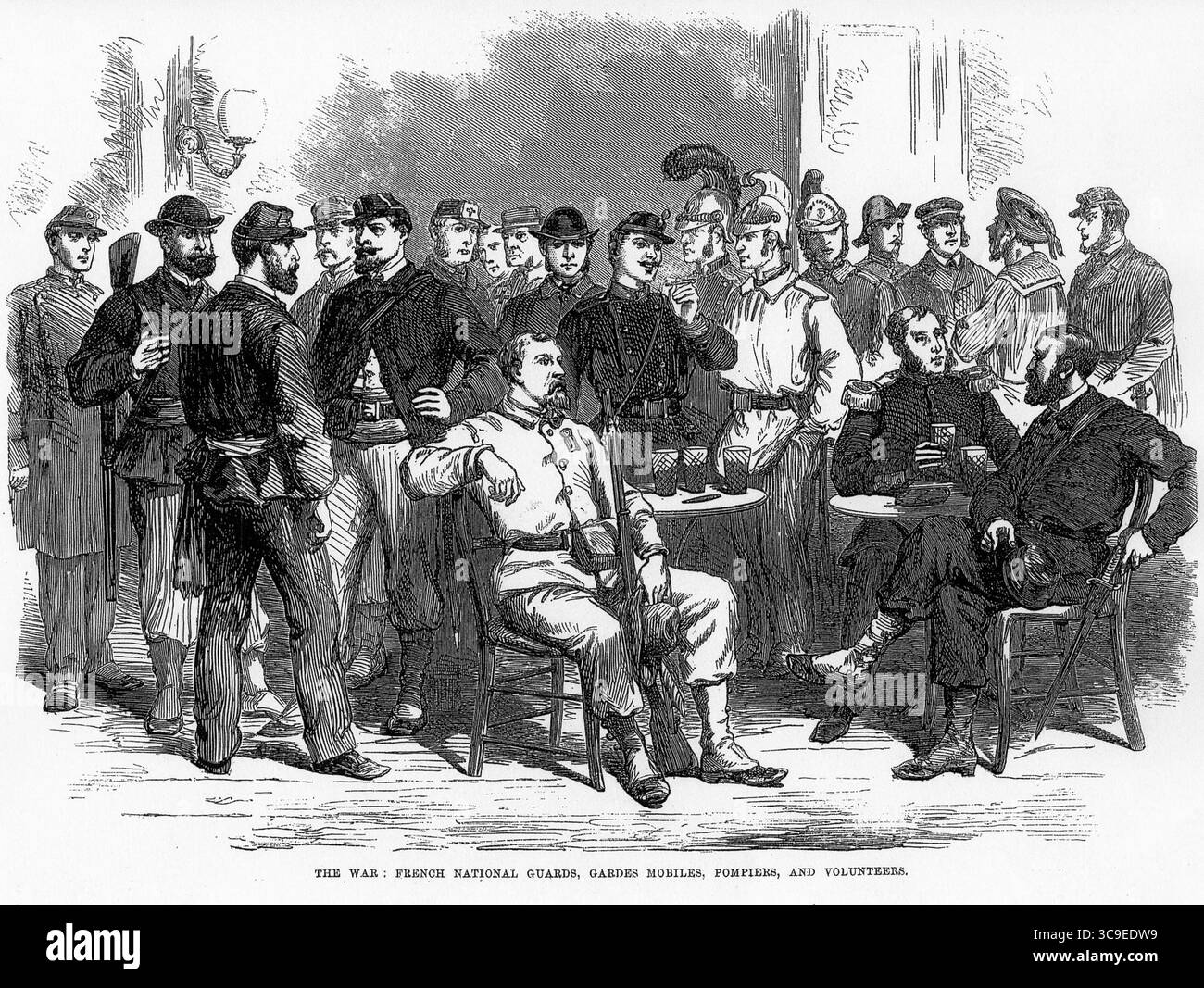Illustrazione storica intitolata The War: French National Guards, Gardes Mobiles, Pompiers, and Volunteers, creata da Robert Landells per The Illustrated London News, pubblicata il 3 settembre 1870. L'immagine raffigura varie forze francesi riunite socialmente durante la guerra franco-prussiana. Foto Stock