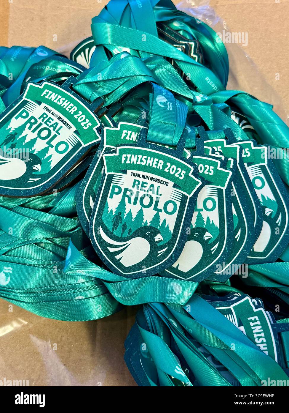 Le medaglie di finale del Trail Real Priolo 2025, esposte con nastri verdi, sono state assegnate ai partecipanti che completano l'evento di trail running nelle Azzorre. - Immagine stock catturata con smartphone