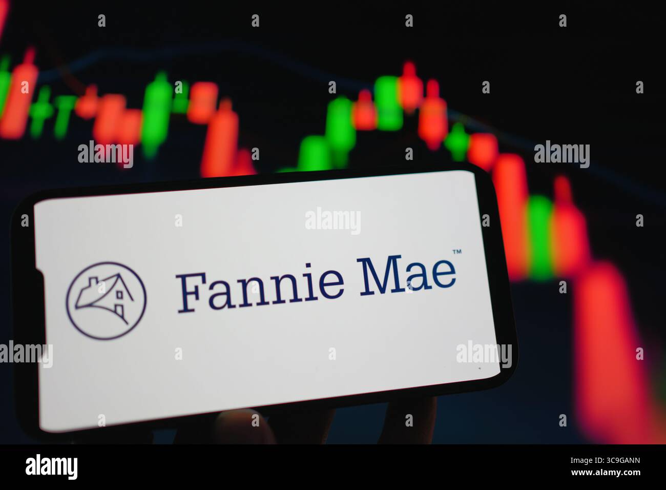 Roosendaal, Paesi Bassi - 5 agosto 2025: Un telefono cellulare che mostra il logo aziendale di Fannie Mae, con un grafico sullo sfondo. Foto Stock