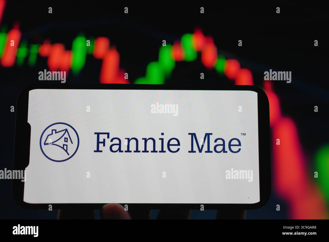 Roosendaal, Paesi Bassi - 5 agosto 2025: Un telefono cellulare che mostra il logo aziendale di Fannie Mae, con un grafico sullo sfondo. Foto Stock
