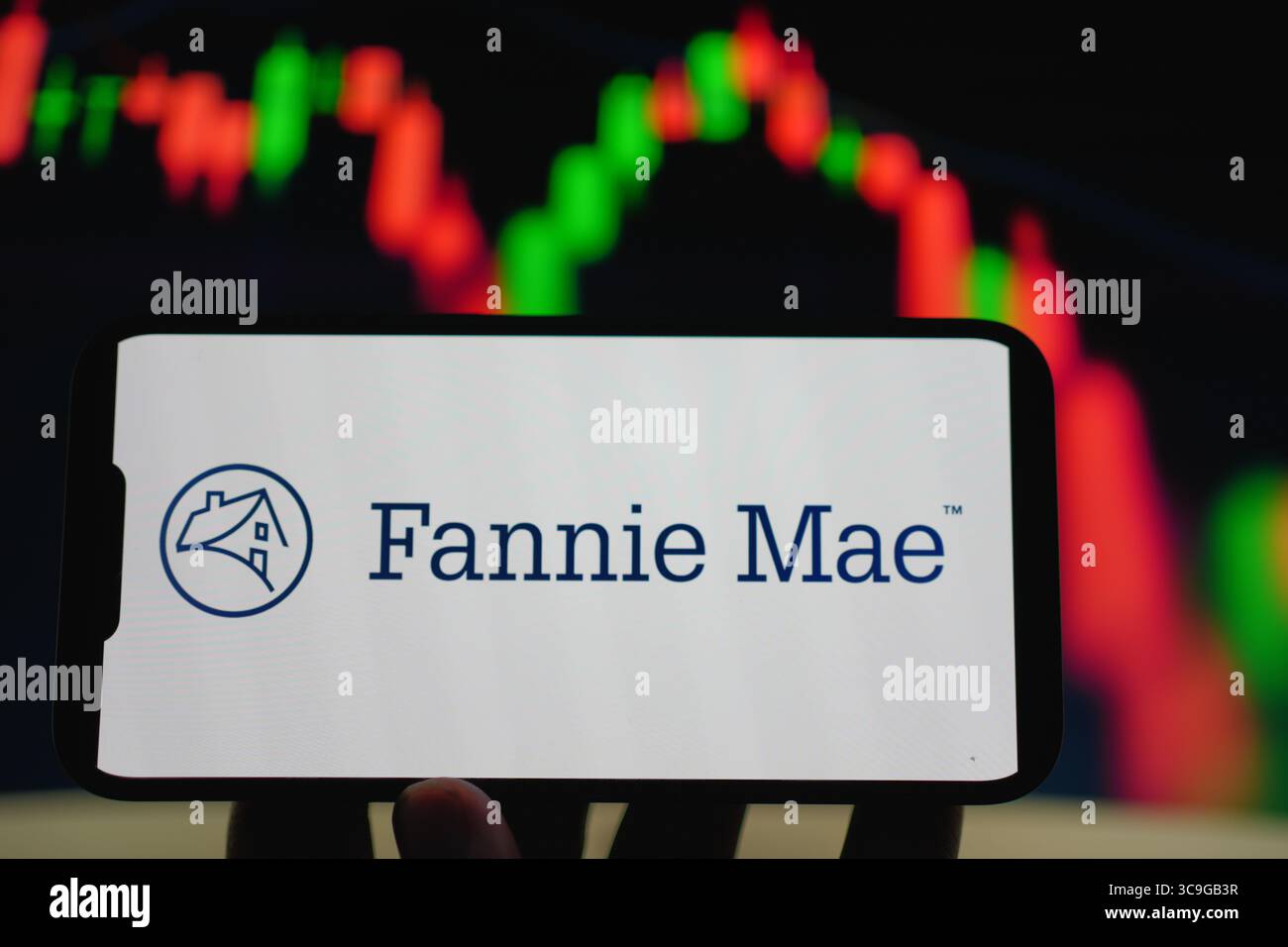 Roosendaal, Paesi Bassi - 5 agosto 2025: Un telefono cellulare che mostra il logo aziendale di Fannie Mae, con un grafico sullo sfondo. Foto Stock