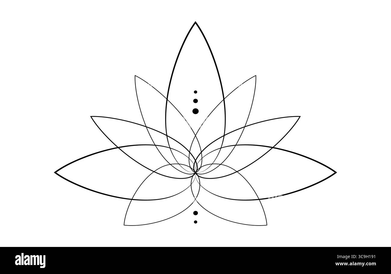 Fiore di loto sacro, ornamento floreale line art, design con logo. Fiore simbolo dello yoga, spa, salone di bellezza, cosmetici, relax, stile del marchio. Vettore Illustrazione Vettoriale