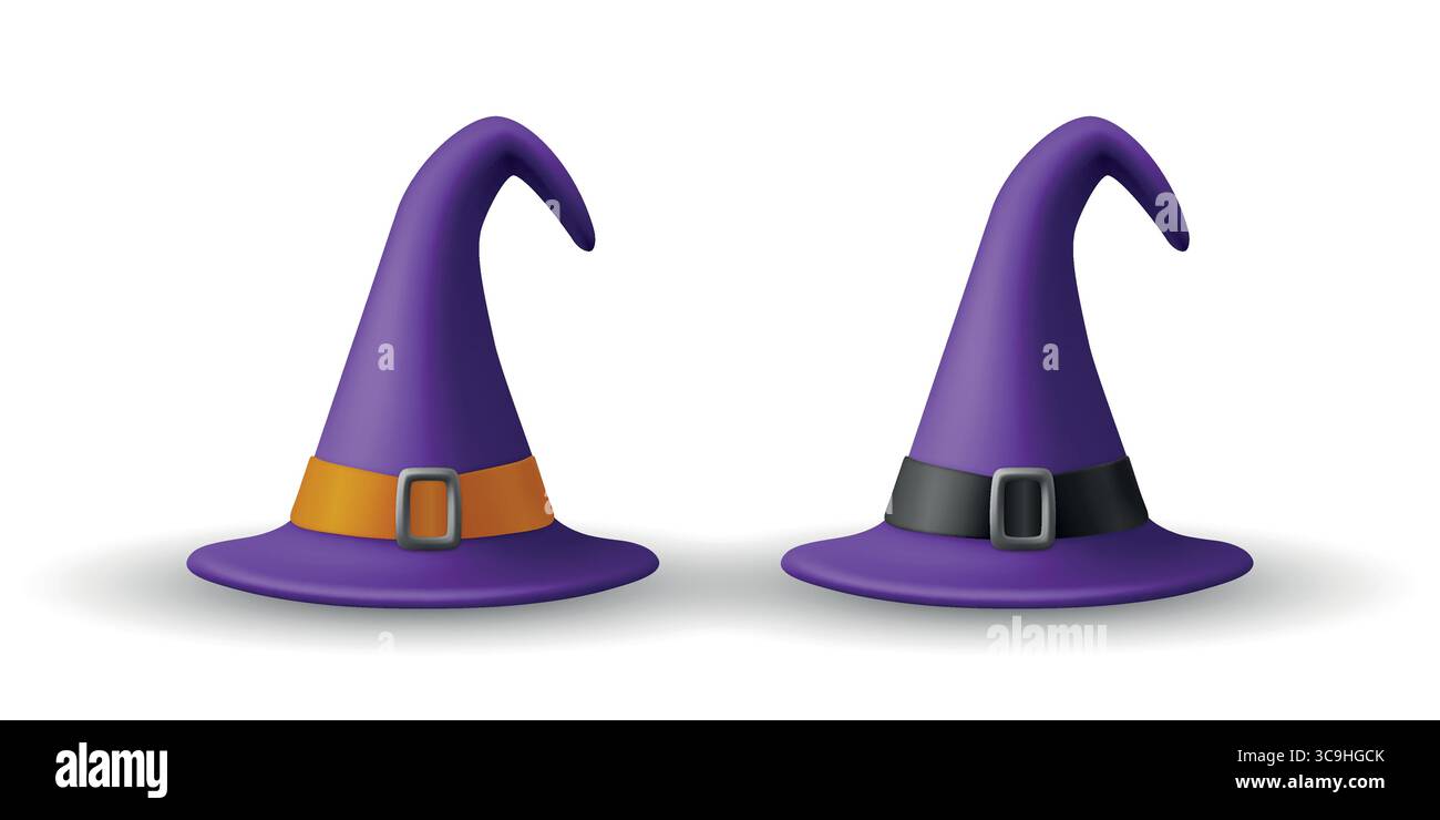 Cappello di strega viola vettoriale con punta curva e fibbia per cintura, illustrazione vettoriale. Cappello da strega di Halloween con nastro nero e arancione. Classica strega nera Illustrazione Vettoriale