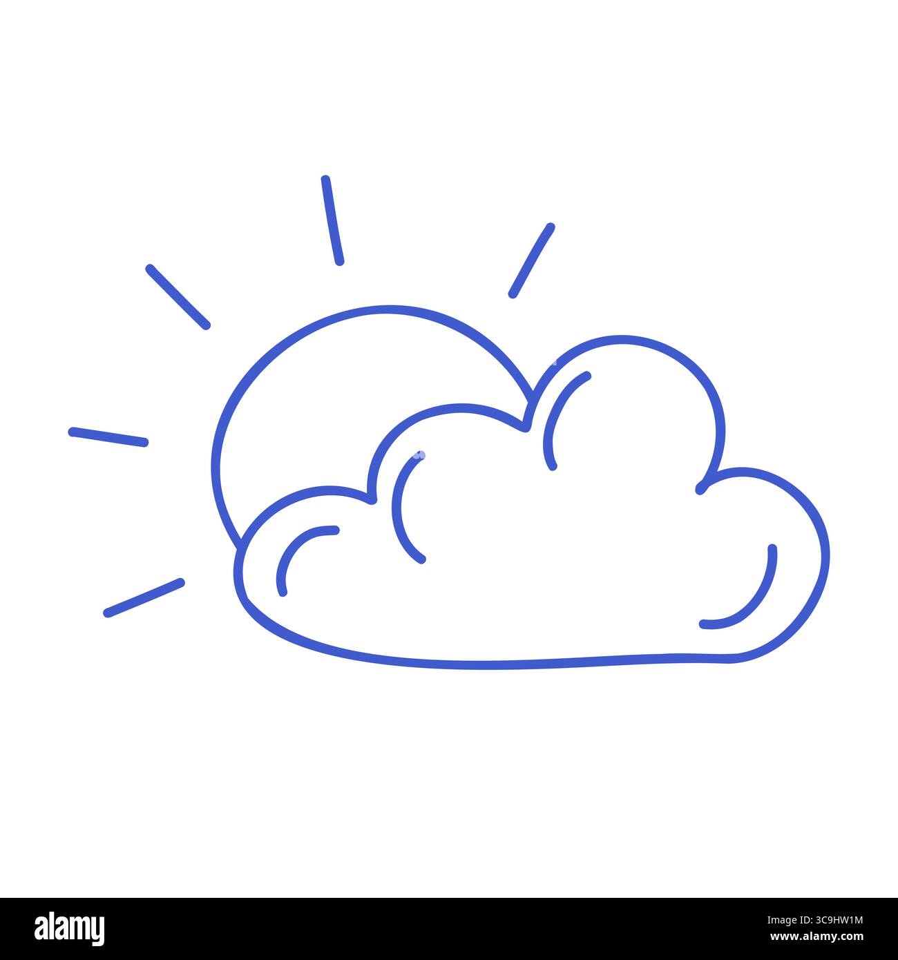 Sole e nuvole in stile arte marina Blue line. Icona marina disegnata a mano. Illustrare l'illustrazione isolata del vettore. Illustrazione Vettoriale