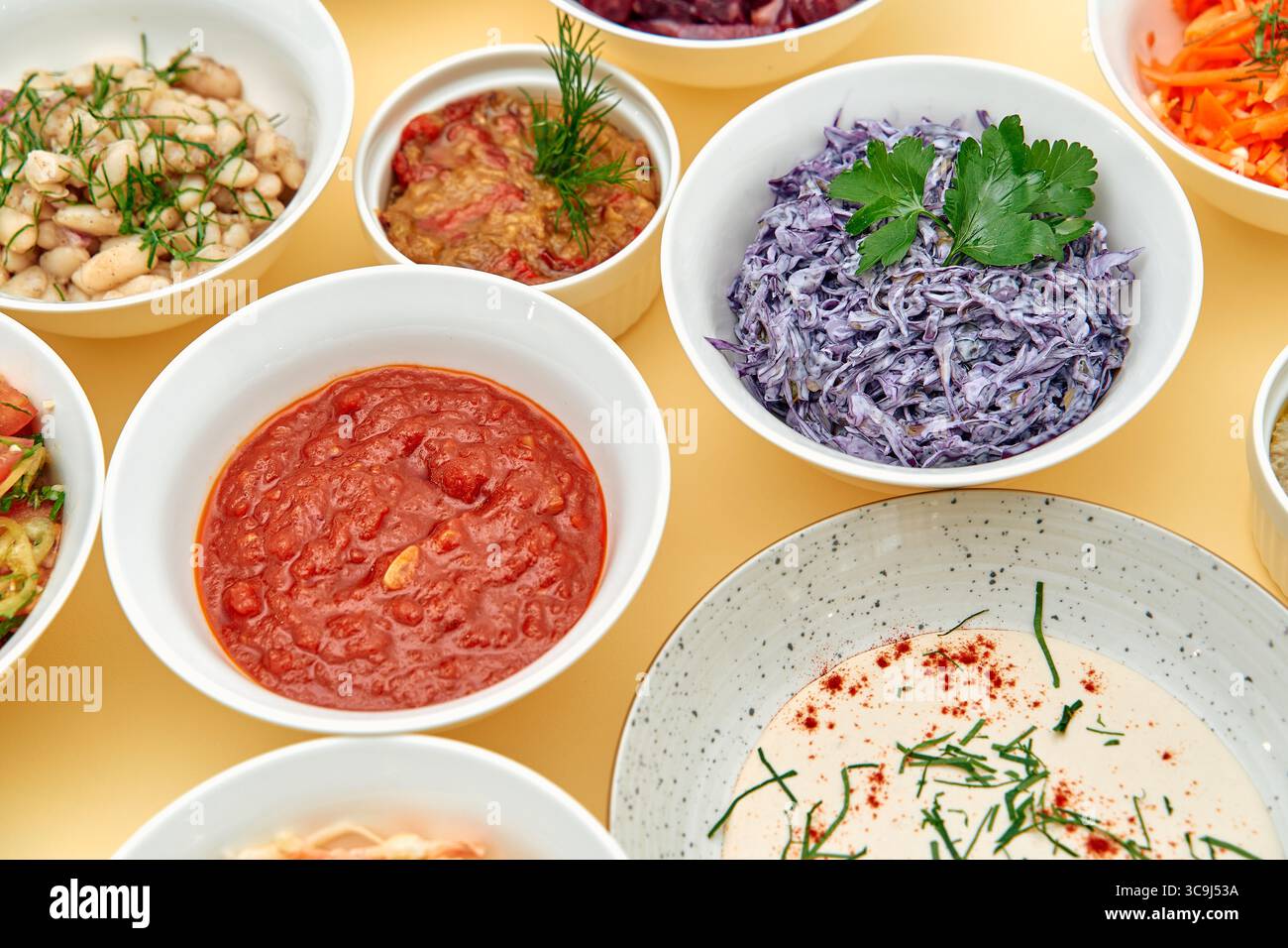 Una variopinta gamma di piatti vegetariani con ingredienti freschi e sapori diversi serviti in ciotole su una superficie luminosa Foto Stock