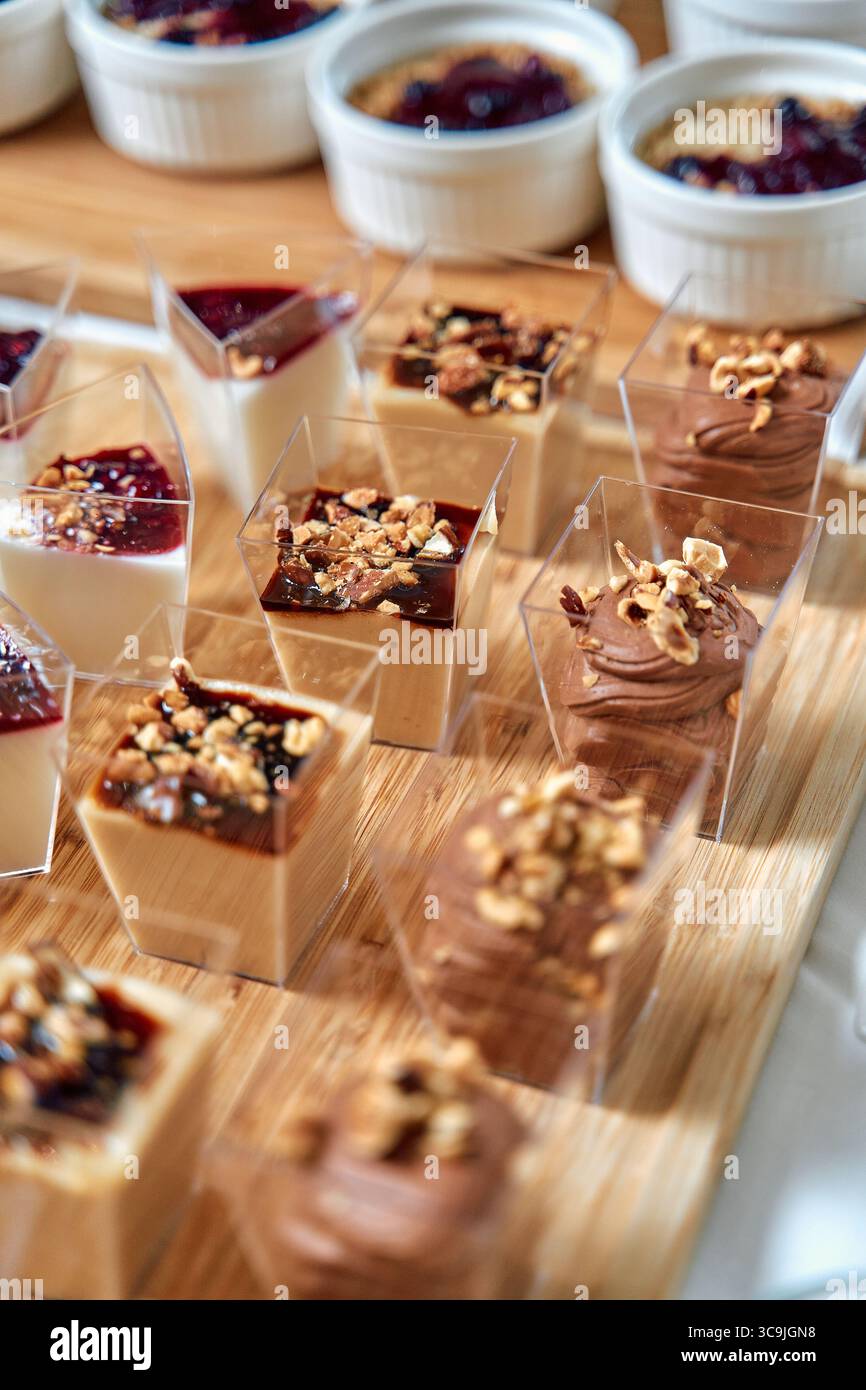 Una vivace esposizione di dessert decadenti con strati di cioccolato, crema e gelatine di frutta con condimenti croccanti, perfetti per qualsiasi celebrazione Foto Stock