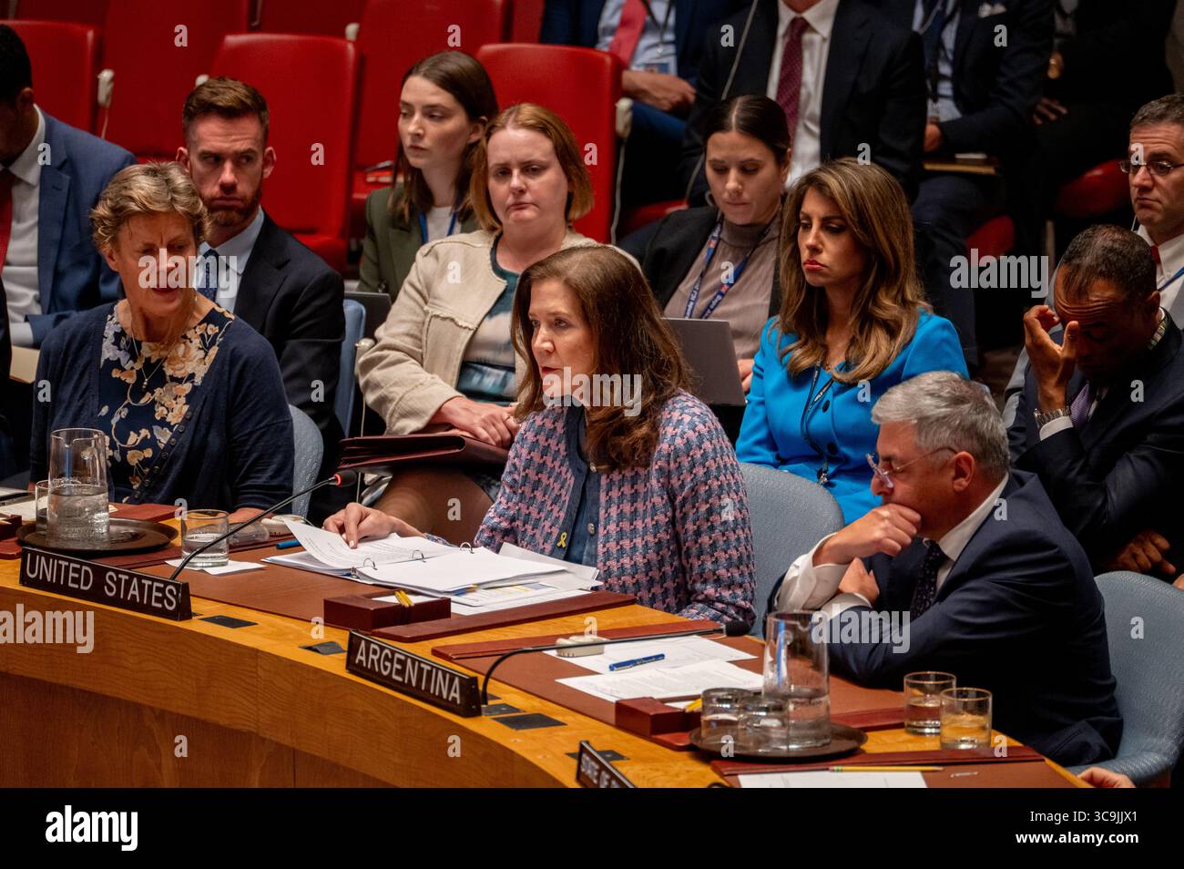 New York, New York, Stati Uniti. 5 agosto 2025. L'Ambasciatrice Dorothy Shea, Chargé d'Affaires ad interim degli Stati Uniti, interviene durante una riunione del Consiglio di sicurezza delle Nazioni Unite sulla situazione in Medio Oriente alle Nazioni Unite il 5 agosto 2025 a New York. Credito: Liri Agami/Media Punch/Alamy Live News Foto Stock