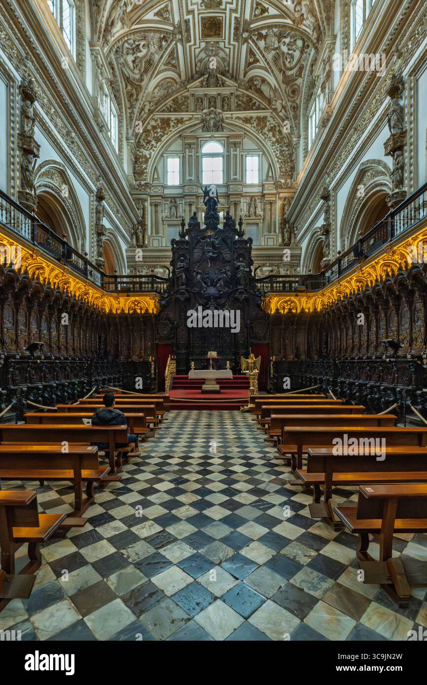 Un momento di solitudine all'interno della moschea-cattedrale di Cordova, costruita a partire dal 784. L'architettura ispira stupore e contemplazione. Foto Stock