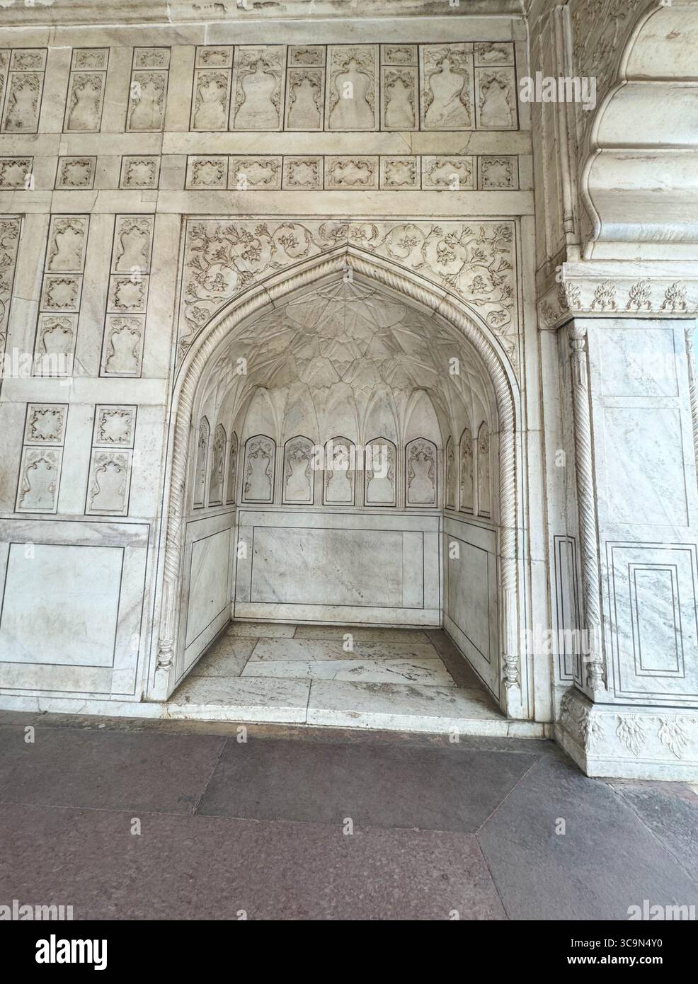Vene di marmo Maestà svelando la bellezza eterna e l'eccellenza architettonica di Diwan-i-Khas (sala del pubblico privato) nel forte di Agra, India Foto Stock