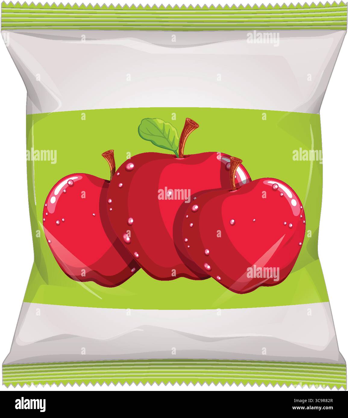 Immagine vettoriale nitida di un pacchetto di snack con tre mele rosse lucide, sfondo con etichetta verde, layout pulito e luci realistiche Illustrazione Vettoriale