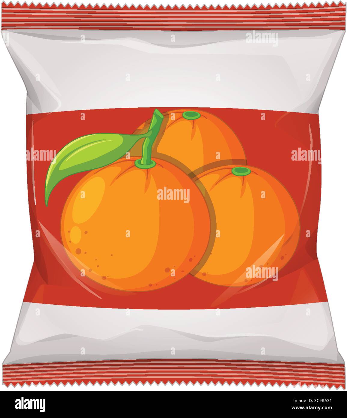 Brillante illustrazione vettoriale di un pacchetto snack con due arance intere, colori audaci, linee pulite e un design moderno e piatto Illustrazione Vettoriale