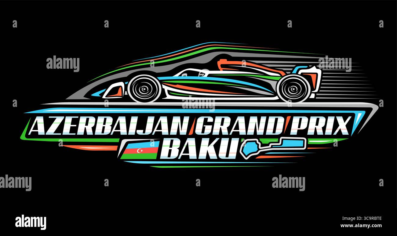 Logo vettoriale per il Gran Premio dell'Azerbaigian, banner automobilistico orizzontale con illustrazione disegnata a mano del bolide di formula uno in una lettera unica in movimento Illustrazione Vettoriale