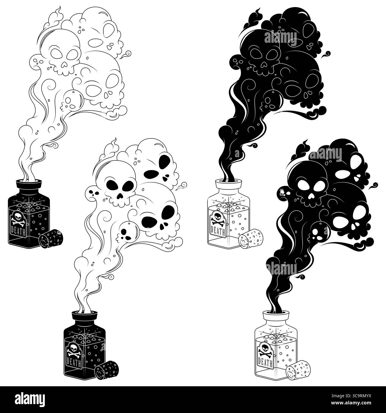 Bottiglia veleno in vetro con fumo tossico, contenitore veleno con sughero, bottiglia veleno Halloween con teschi Illustrazione Vettoriale