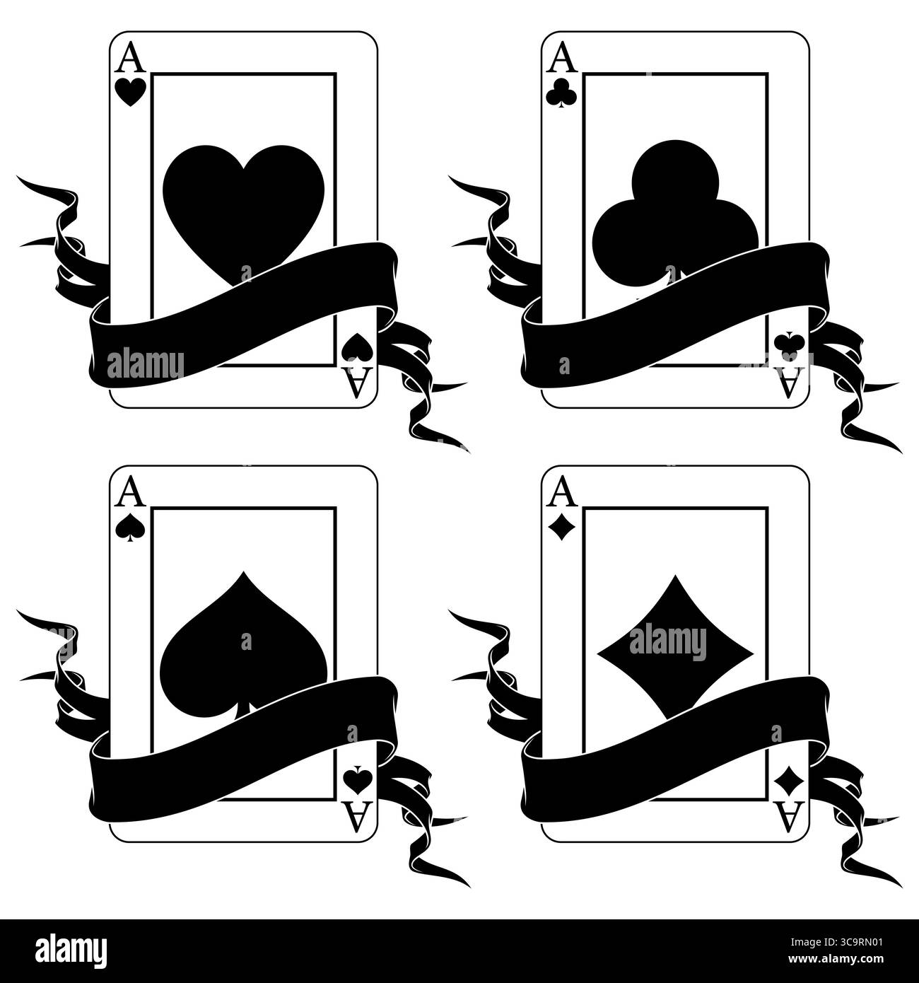 Carta poker circondata da un nastro, simboli del poker di cuore, diamante, mazza e asso Illustrazione Vettoriale