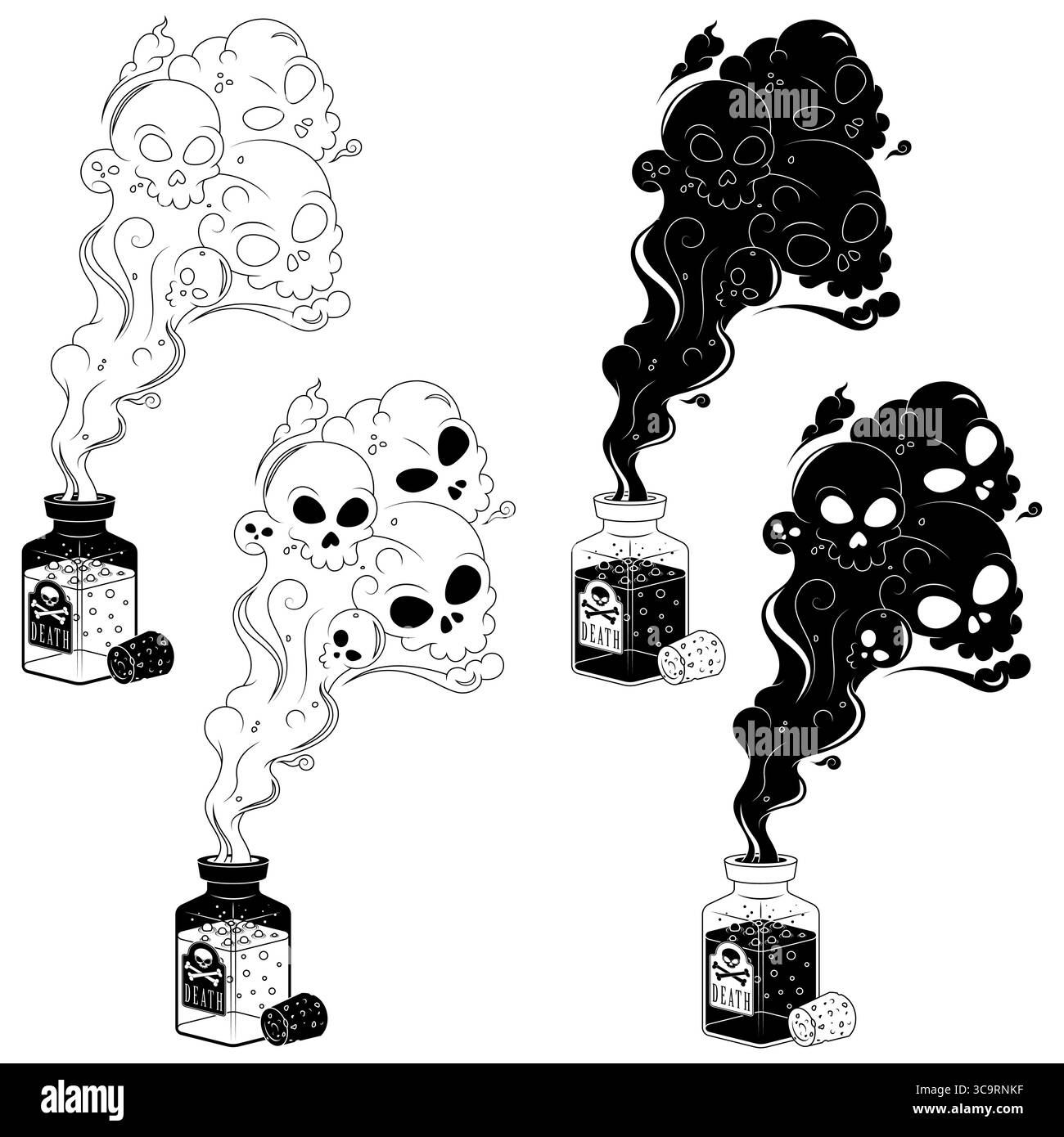 Bottiglia veleno in vetro con fumo tossico, contenitore veleno con sughero, bottiglia veleno Halloween con teschi Illustrazione Vettoriale
