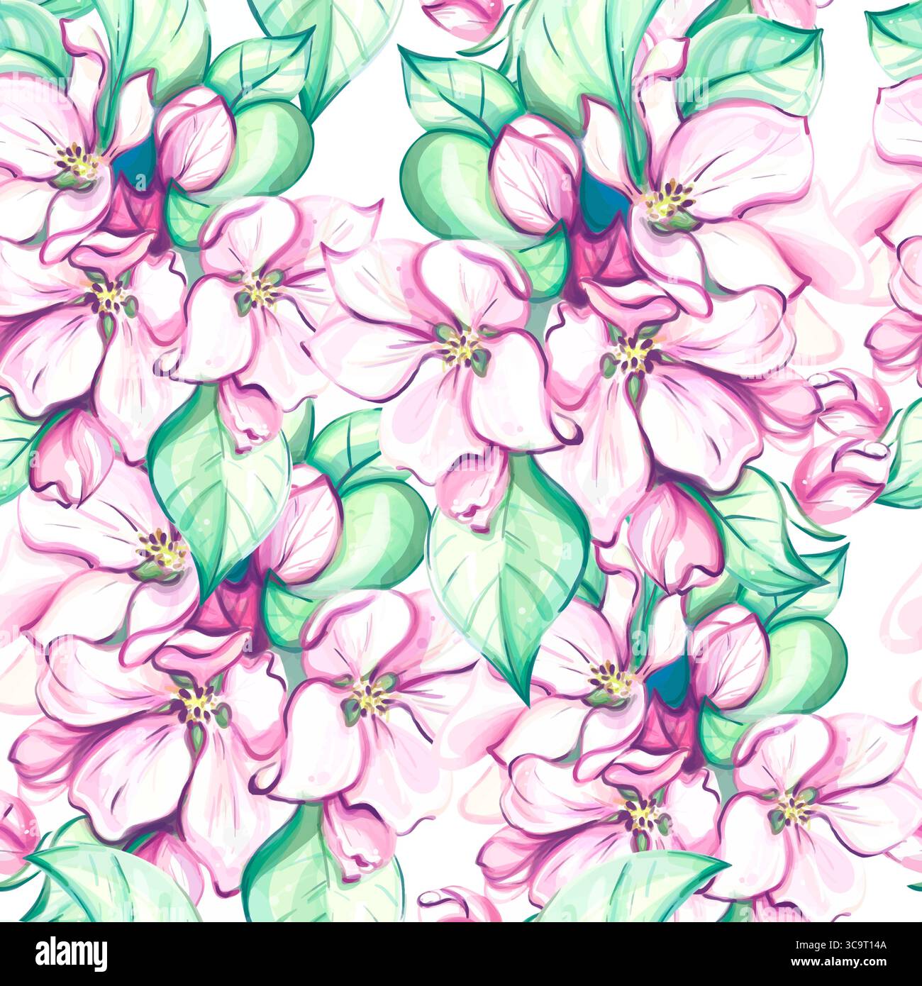 Motivo senza cuciture acquerello ciliegio giapponese in fiore, arte sakura. Bouquet di mele Illustrazione Vettoriale