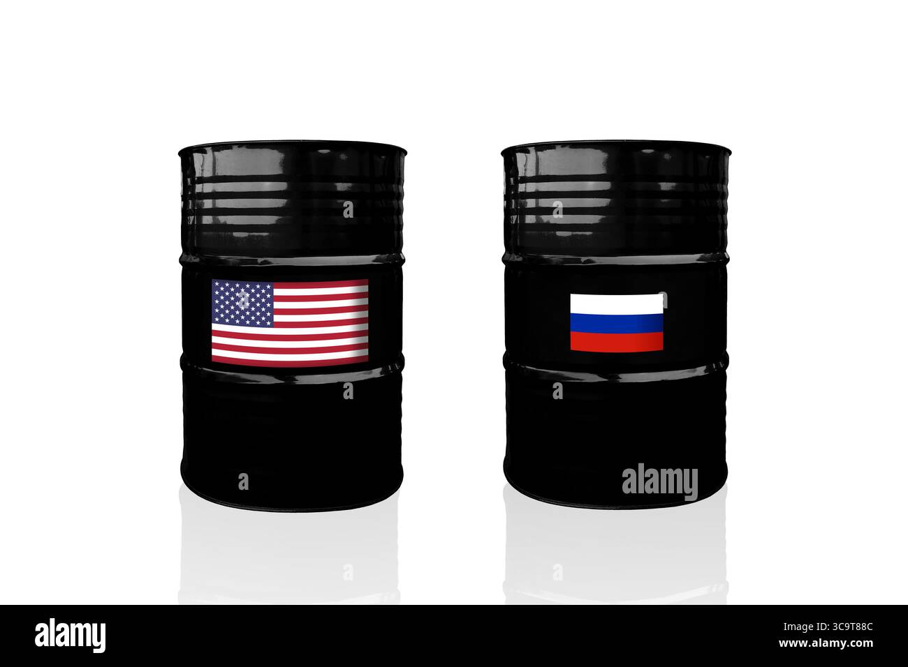 Barili di petrolio greggio con bandiere USA e Russia. Sanzioni e embargo per la Russia Foto Stock